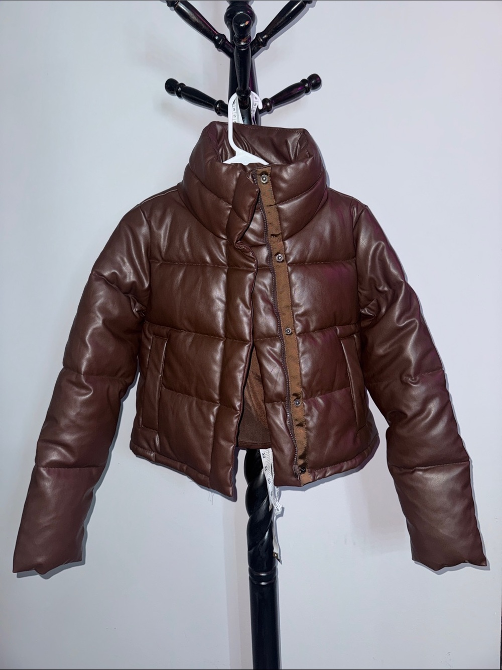 Brown Faux Leather Puffer Jacket - Women's